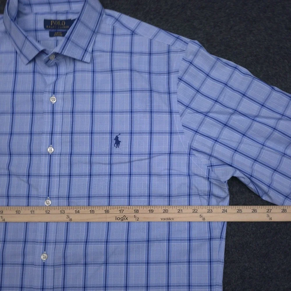 Polo Ralph Lauren Mens 17.5 34/35 Blue Plaid Slim Fit Button‎ Up Shirt